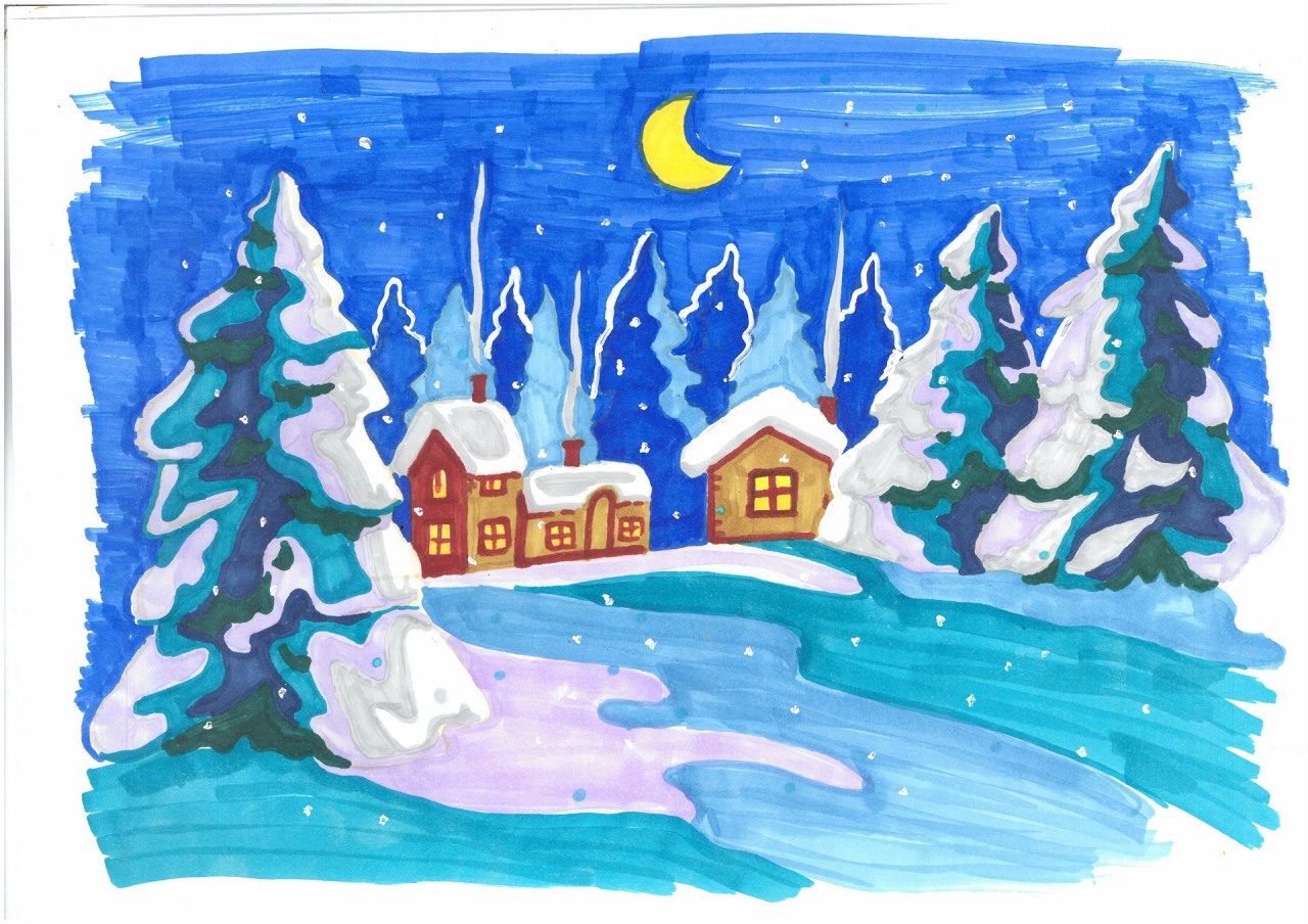 Fundacja ORLEN.  Ręcznie malowana kartka świąteczna przedstawiająca domki i choinki przysypane warstwą śniegu. W tle rozgwieżdżone niebo i księżyc. 